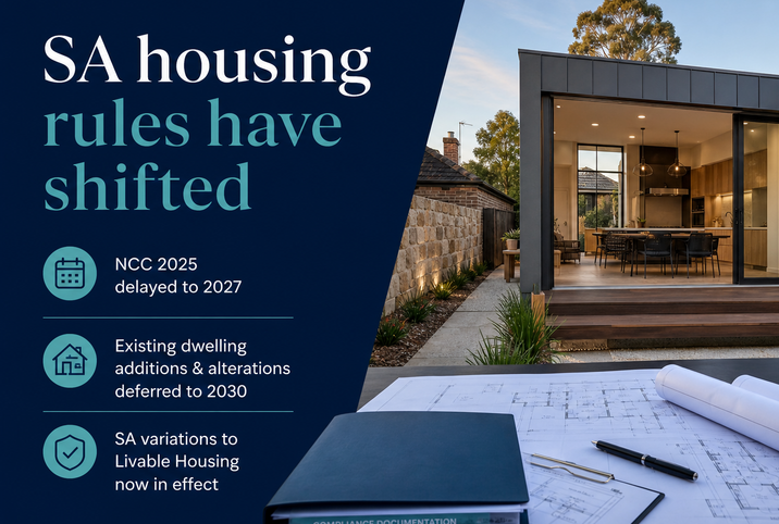 South Australia housing compliance update covering NCC 2025 timing, existing dwelling concessions and livable housing variations