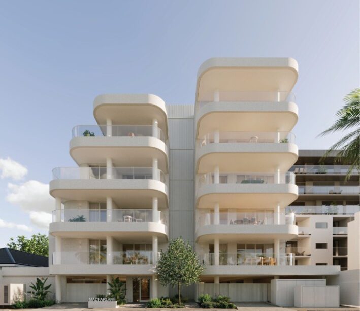 Front elevation render of MacFarlane Apartments, Glenelg North