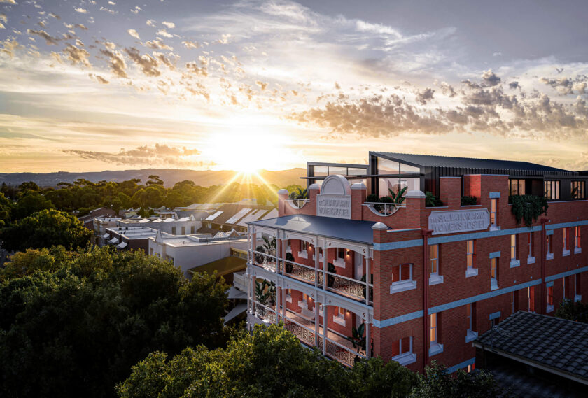 Artist’s impression of Sutherland Apartments, showing the retained Salvation Army Women’s Hostel heritage façade and contemporary rooftop addition