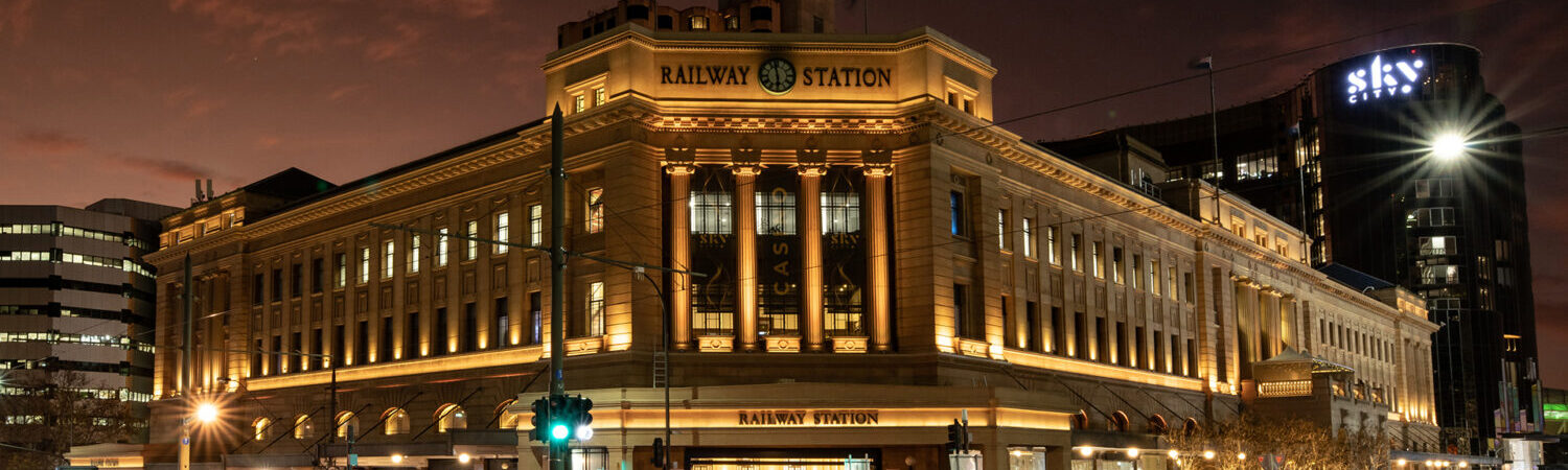 The restored heritage façade of Adelaide Railway Station on North Terrace.