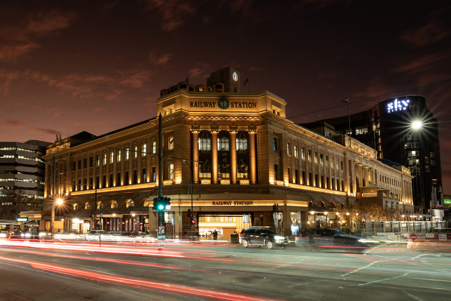 The restored heritage façade of Adelaide Railway Station on North Terrace.