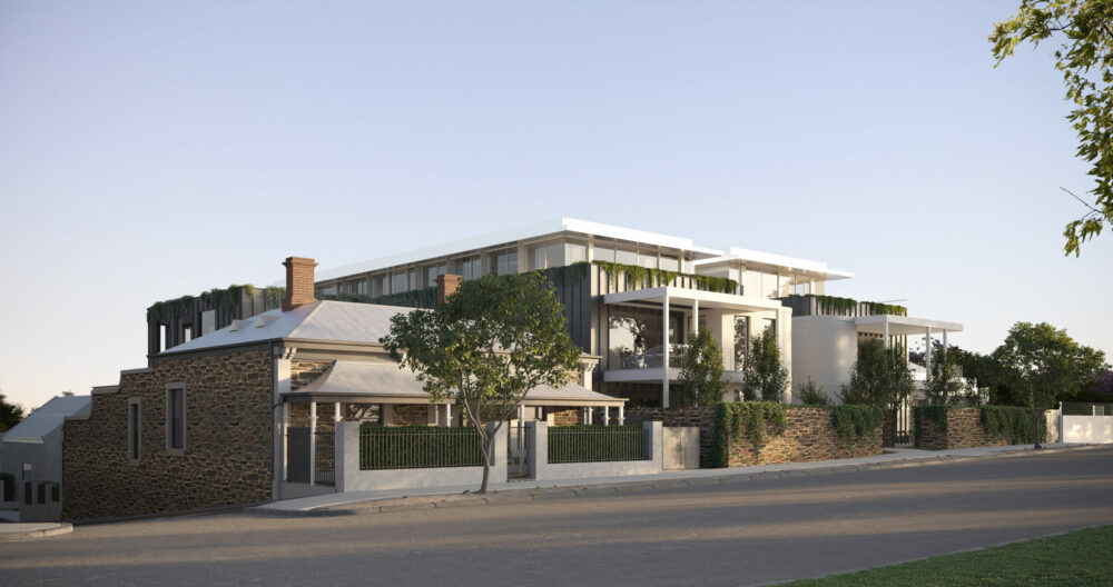Artist’s impression of Brougham Gardens Apartments in North Adelaide, incorporating new apartments and retained heritage buildings.