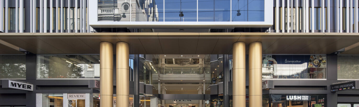 The upgraded Myer Centre façade and entrance on Rundle Mall, Adelaide.