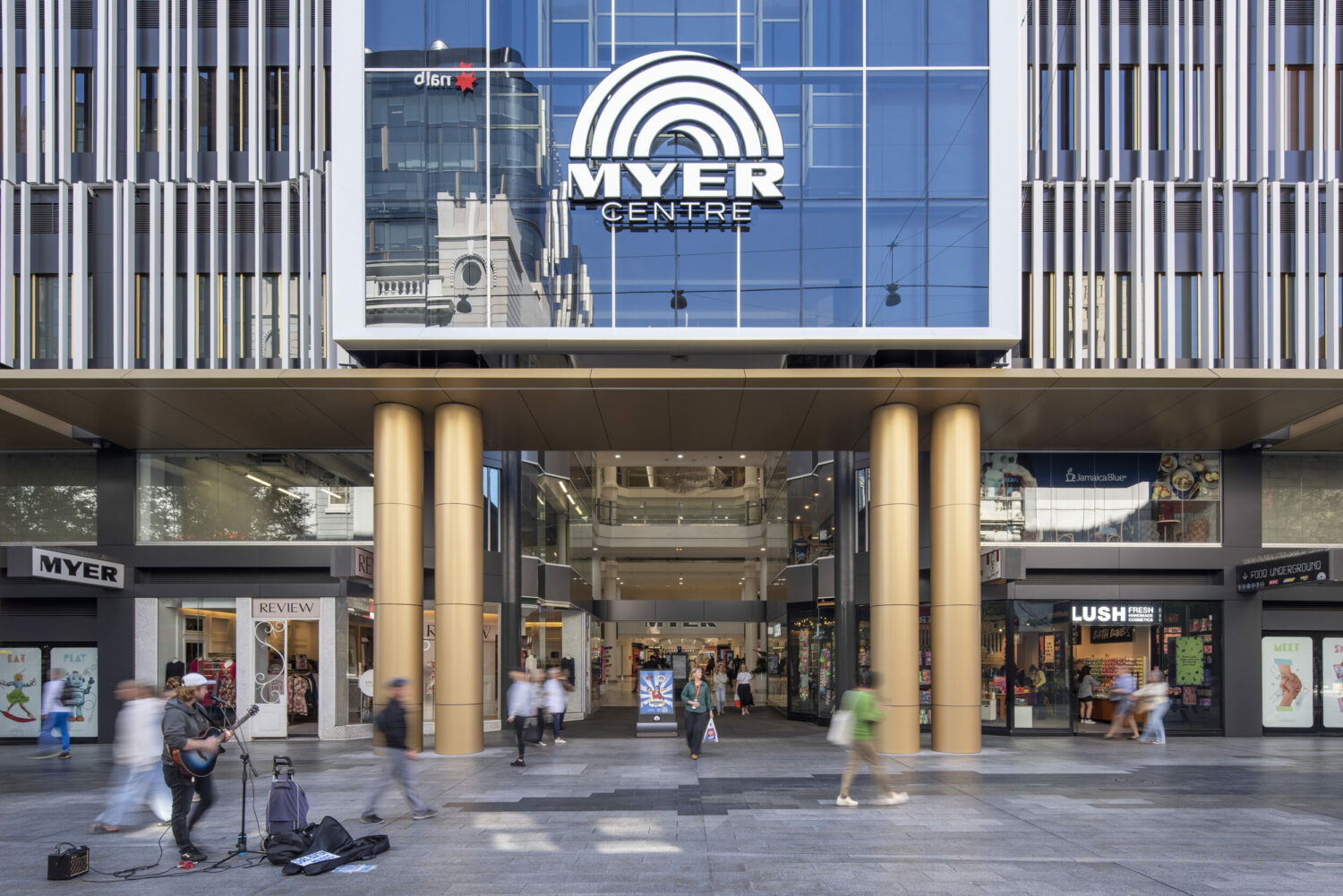 The upgraded Myer Centre façade and entrance on Rundle Mall, Adelaide.